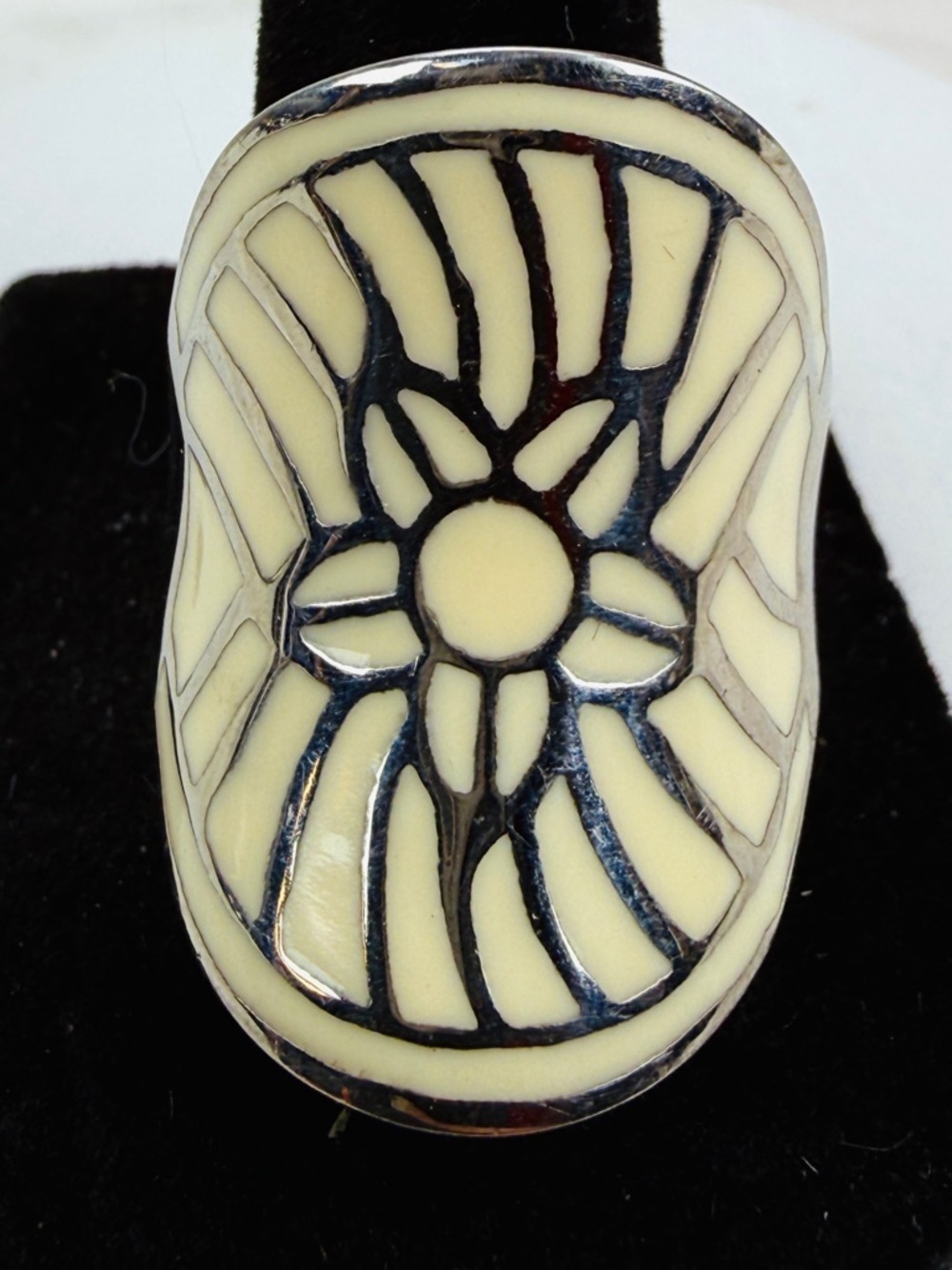 Vintage Mosaic Inlay Statement Ring Silver Tone Abstract Art Ring sz 10